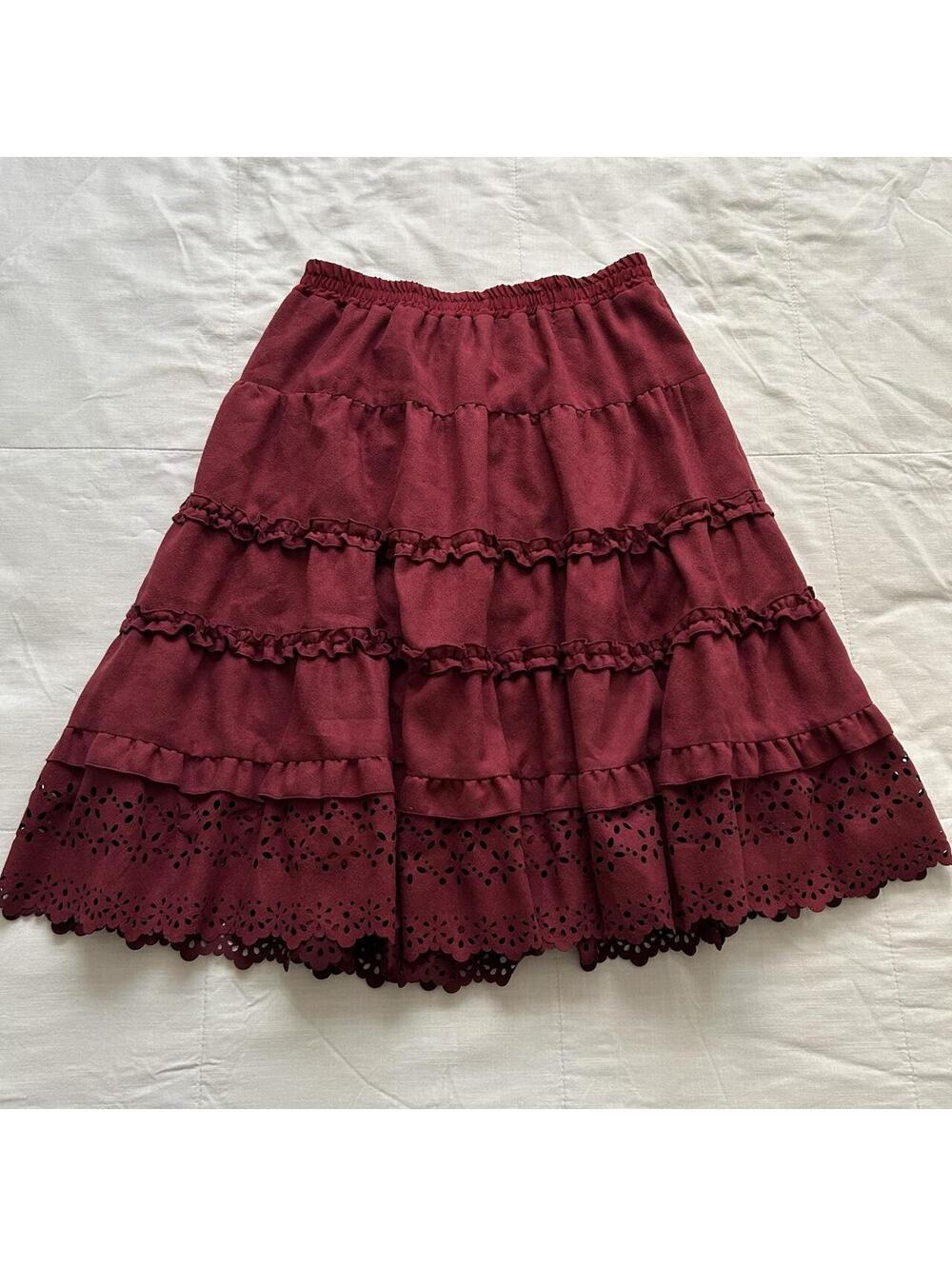 NWT Axes Femme Burgundy Tiered Eyelet Ruffle Skirt Medium Japan